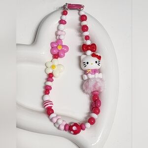 Phone Chain Kitty Keychain Gift Pink White Flowers with Attachment